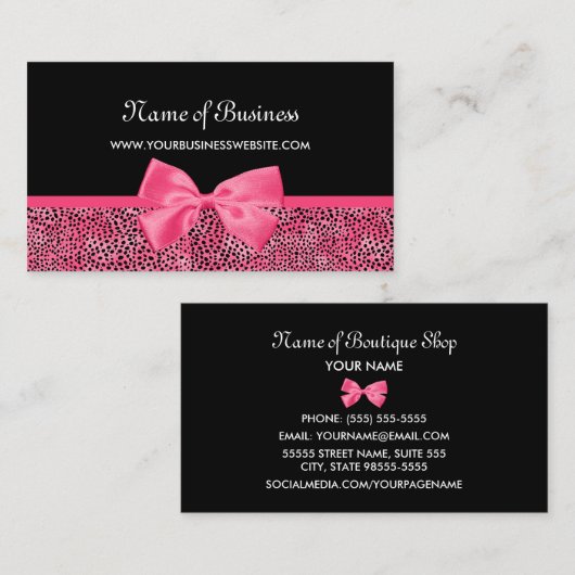 Girly Black en Pink Cheetah Print Schattige lint Visitekaartje (Voorkant / Achterkant)