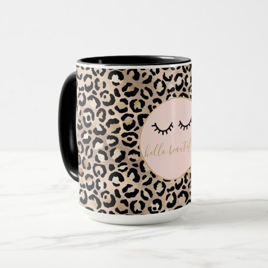 Girly Black Eyelashes Gold Glam Leopard Print Mok (Voorkant links)