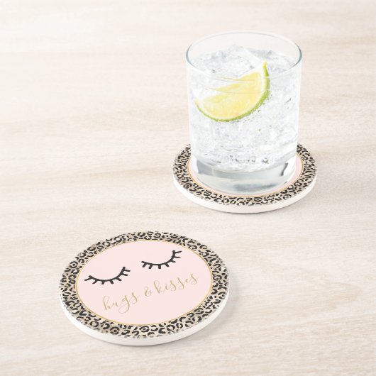 Girly Black Eyelashes Gold Glam Leopard Print Zandsteen Onderzetter (Zijkant)