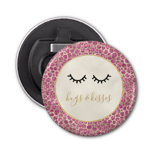 Girly Black Eyelashes Gold Pink Leopard Print Button Flesopener