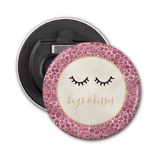 Girly Black Eyelashes Gold Pink Leopard Print Button Flesopener (Voorkant)