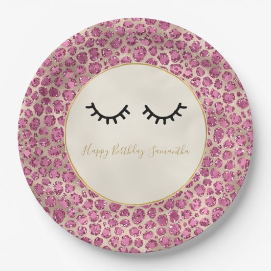 Girly Black Eyelashes Gold Pink Leopard Print Papieren Bordje (Voorkant)
