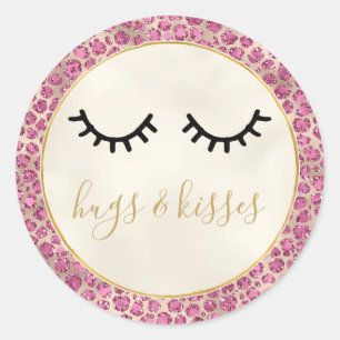 Girly Black Eyelashes Gold Pink Leopard Print Ronde Sticker