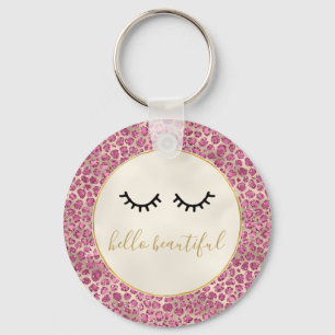 Girly Black Eyelashes Gold Pink Leopard Print Sleutelhanger