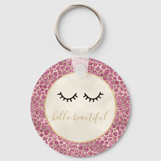 Girly Black Eyelashes Gold Pink Leopard Print Sleutelhanger (Voorkant)