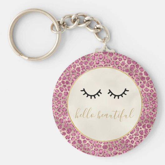 Girly Black Eyelashes Gold Pink Leopard Print Sleutelhanger (Voorkant)