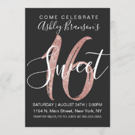 Girly Black Faux Roos Gold Sequin Glitter Sweet 16 Kaart