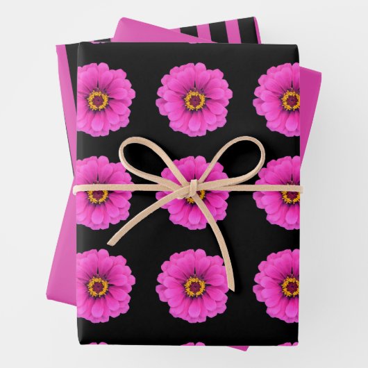 Girly Black Fuchsia Stripes en Flower Inpakpapier Vel (In situ)