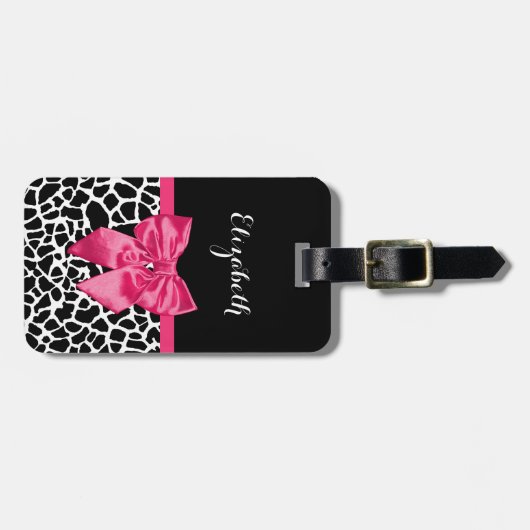 Girly Black Giraffe Animal Print Cute Hot Pink Bow Bagagelabel (Voorkant horizontaal)
