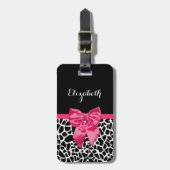 Girly Black Giraffe Animal Print Cute Hot Pink Bow Bagagelabel (Voorkant verticaal)