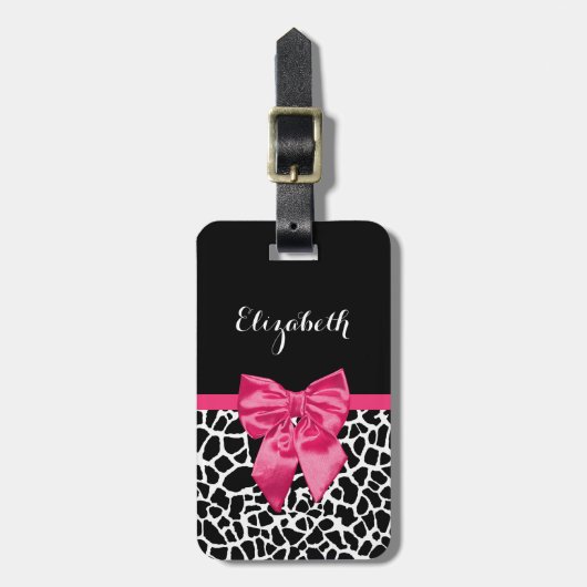 Girly Black Giraffe Animal Print Cute Hot Pink Bow Bagagelabel (Voorkant verticaal)