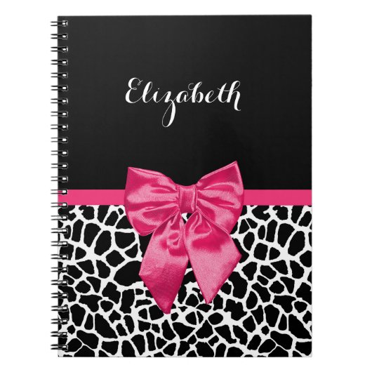 Girly Black Giraffe Animal Print Cute Hot Pink Bow Notitieboek (Voorkant)