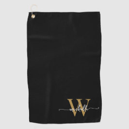 Girly Black Gold Elegant Monogram Name Script Golf Golfhanddoek