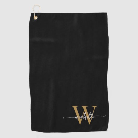 Girly Black Gold Elegant Monogram Name Script Golf Golfhanddoek (Voorkant)