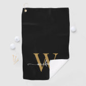 Girly Black Gold Elegant Monogram Name Script Golfhanddoek (Insitu)