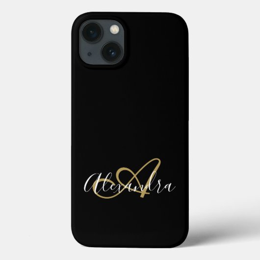 Girly Black Gold Elegant Monogram Script Name Case-Mate iPhone Case (Achterkant)
