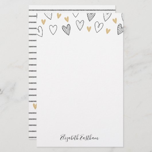 Girly Black Gold Heart Feminine Script Briefpapier (Voorkant / Achterkant)