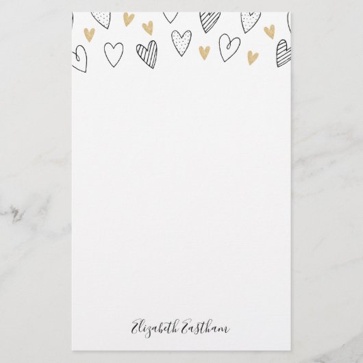 Girly Black Gold Heart Feminine Script Briefpapier (Voorkant)