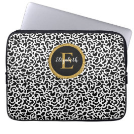 Girly Black Gold Leopard Monogram Laptop Sleeve