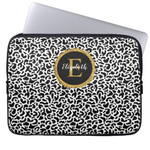 Girly Black Gold Leopard Monogram Laptop Sleeve