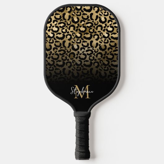 Girly Black Gold Leopard Ombre Monogram Pickleball Paddle (Voorkant)