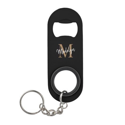 Girly Black Gold Monogram Elegant Chic Script Name Mini Flessenopener (Voorkant)