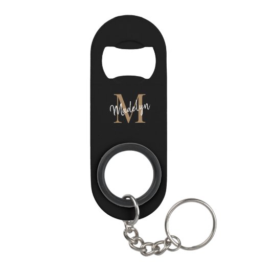 Girly Black Gold Monogram Elegant Chic Script Name Mini Flessenopener (Achterkant)