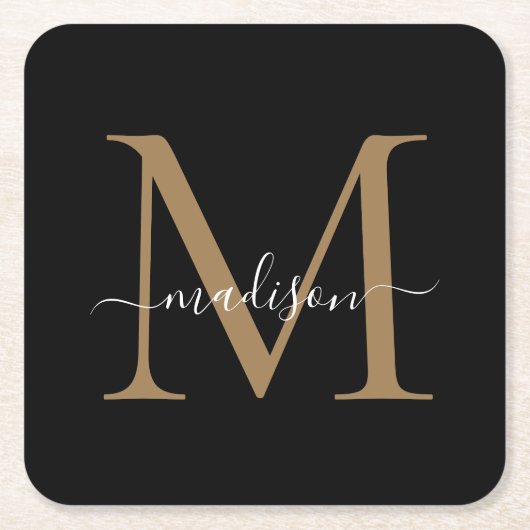 Girly Black Gold Monogram Elegant Modern Script Kartonnen Onderzetters (Voorkant)
