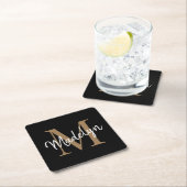 Girly Black Gold Monogram Elegant Modern Script Kartonnen Onderzetters (Insitu)