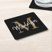 Girly Black Gold Monogram Elegant Modern Script Kartonnen Onderzetters (Schuin)
