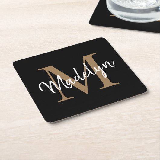 Girly Black Gold Monogram Elegant Modern Script Kartonnen Onderzetters (Schuin)