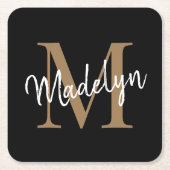 Girly Black Gold Monogram Elegant Modern Script Kartonnen Onderzetters (Voorkant)