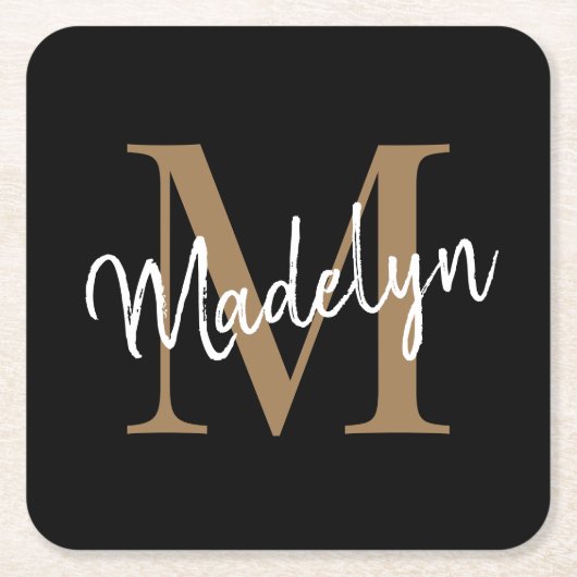 Girly Black Gold Monogram Elegant Modern Script Kartonnen Onderzetters (Voorkant)