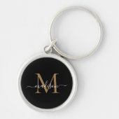 Girly Black Gold Monogram naam Elegant Chic Script Sleutelhanger (Voorkant)