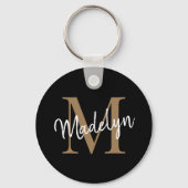 Girly Black Gold Monogram naam Elegant Chic Script Sleutelhanger (Achterkant)