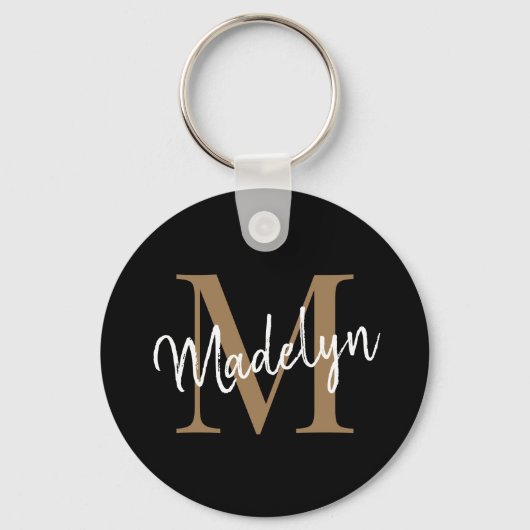 Girly Black Gold Monogram naam Elegant Chic Script Sleutelhanger (Achterkant)