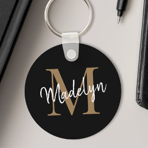Girly Black Gold Monogram naam Elegant Chic Script Sleutelhanger