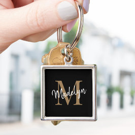 Girly Black Gold Monogram naam Elegant Chic Script Sleutelhanger