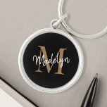 Girly Black Gold Monogram naam Elegant Chic Script Sleutelhanger<br><div class="desc">Meisjes zwarte goudmonogram Naam Elegant Chic Script Sleutelhanger. Pas deze moderne elegante sleutelhanger eenvoudig aan met uw eigen monogram en naam.</div>