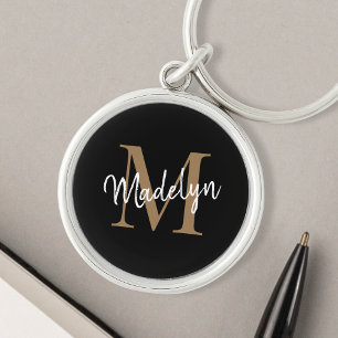 Girly Black Gold Monogram naam Elegant Chic Script Sleutelhanger