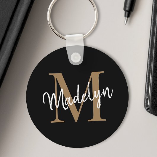 Girly Black Gold Monogram naam Elegant Chic Script Sleutelhanger