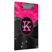 Girly Black Grey Hot Pink Waves Glam Monogram Naam Klembord (Rechts)