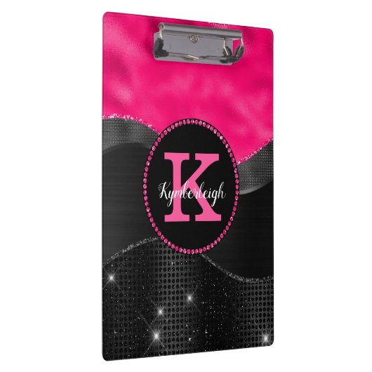 Girly Black Grey Hot Pink Waves Glam Monogram Naam Klembord (Rechts)