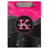 Girly Black Grey Hot Pink Waves Glam Monogram Naam Klembord (Voorkant)