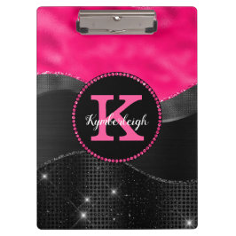 Girly Black Grey Hot Pink Waves Glam Monogram Naam Klembord