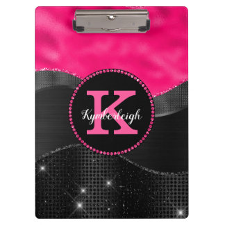 Girly Black Grey Hot Pink Waves Glam Monogram Naam Klembord