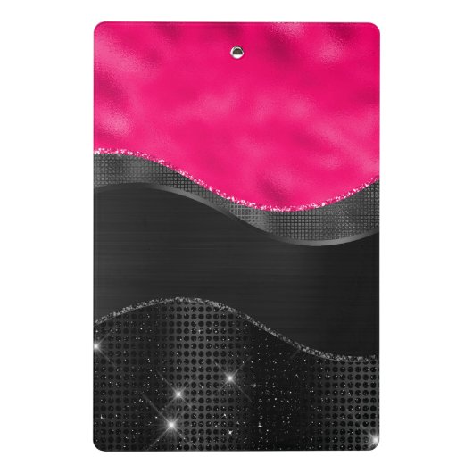 Girly Black Grey Hot Pink Waves Glam Monogram Naam Mini Klembord (Achterkant)
