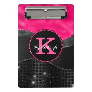 Girly Black Grey Hot Pink Waves Glam Monogram Naam Mini Klembord