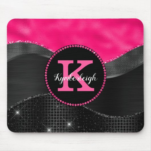 Girly Black Grey Hot Pink Waves Glam Monogram Naam Muismat (Voorkant)