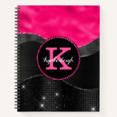 Girly Black Grey Hot Pink Waves Glam Monogram Naam Notitieboek (Voorkant)